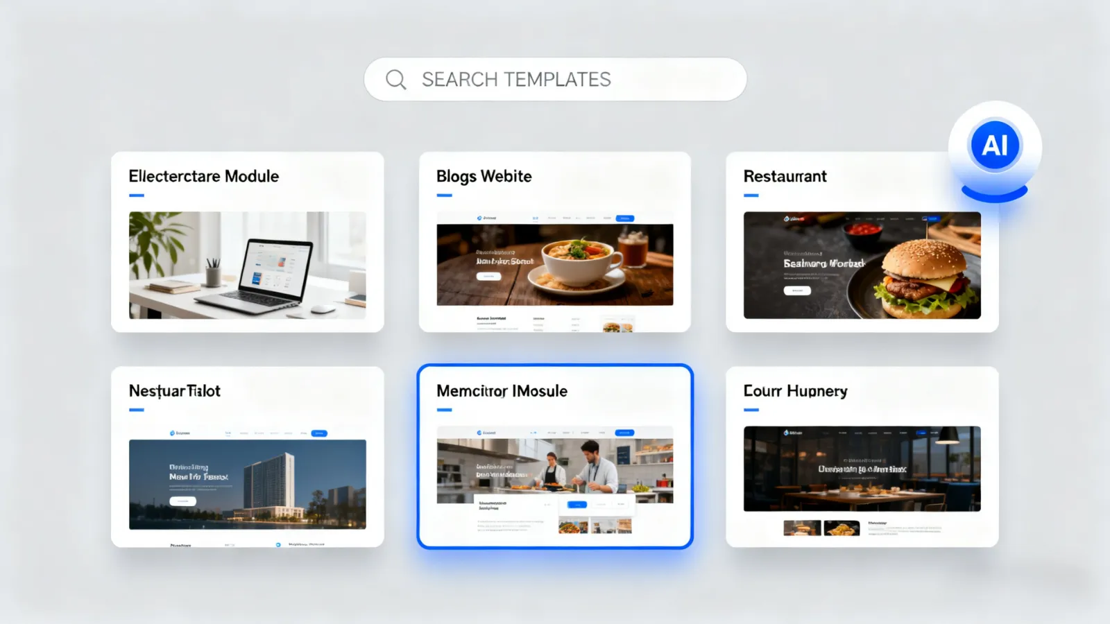 Diverse industry - specific website templates in an AI website builder, with an AI icon for smart selection.